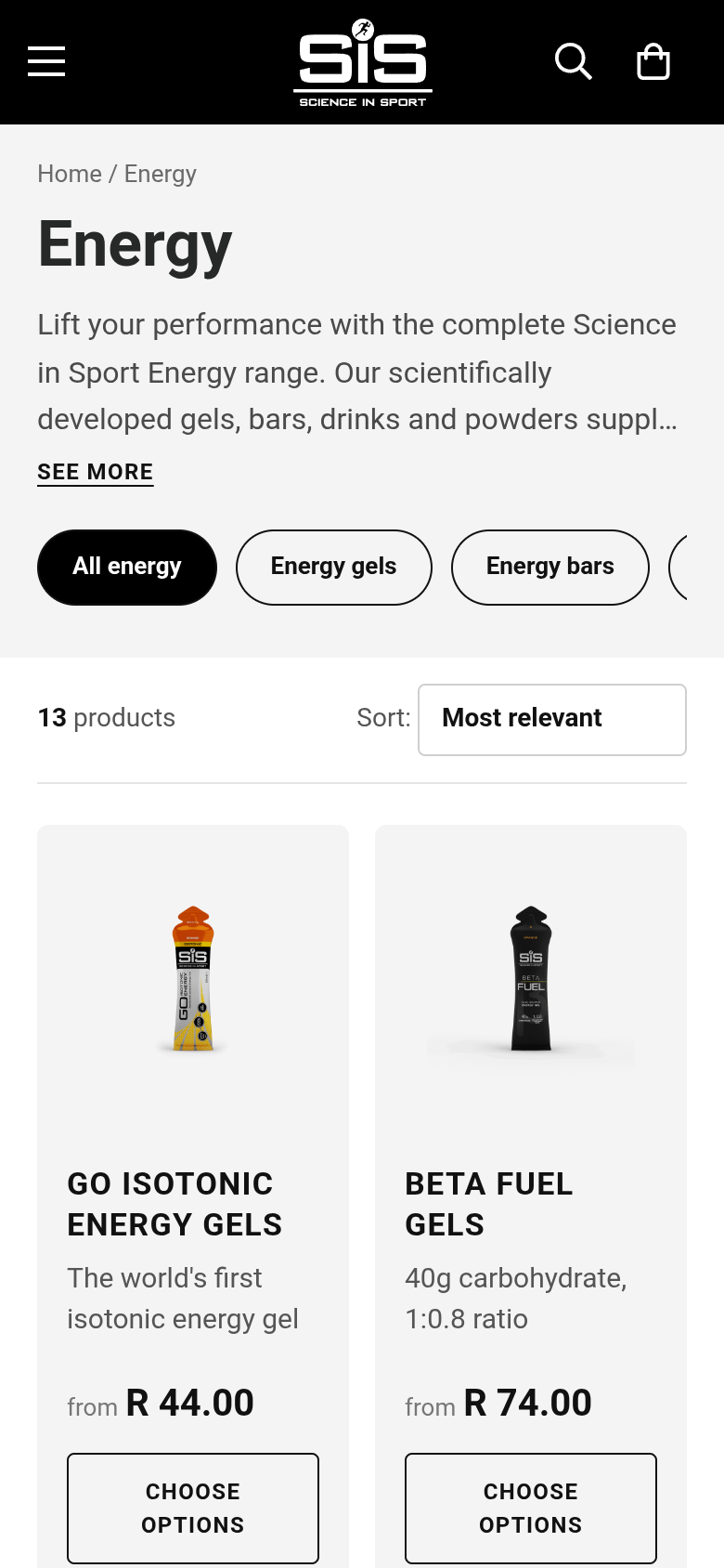 SiS | Science in Sport energy products collection page on mobile